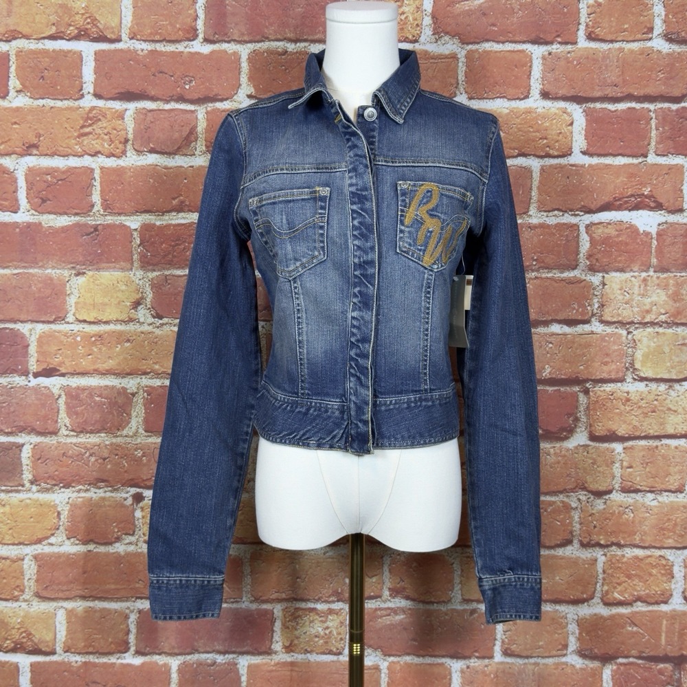Rocawear Women's Blue Denim Logo Trucker Jacket Long Sleeve Button Front Size S